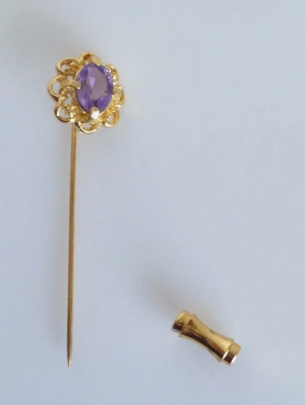 Vintage Genuine Amethyst Purple Flower Gold Tone Metal Stick Pin Brooch 1950's
